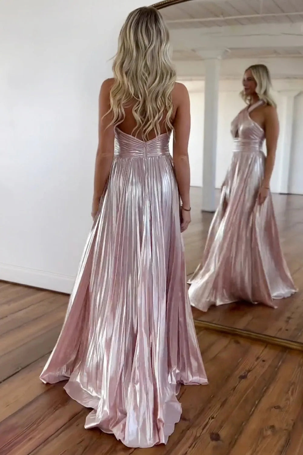 Wholesale Pink Halter Neck A-Line Long Bright Prom Dress With Split long prom dresses with sleeves